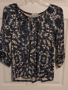 Notations Navy and White Floral Button-Pleat Peasant Blouse Women's Size Large